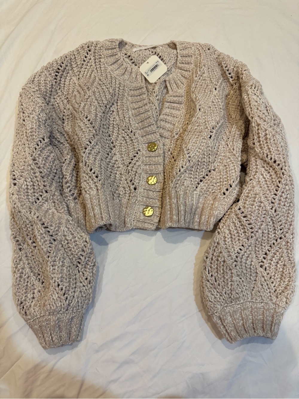 Altar'd State Cream Cable Knit Cropped Cardigan with Gold Buttons